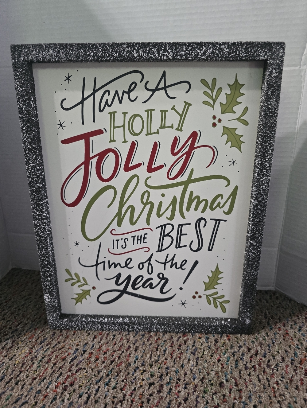 Christmas Hanging Wall Decor Black Speckled Frame Wood Holly Jolly Mistletoe